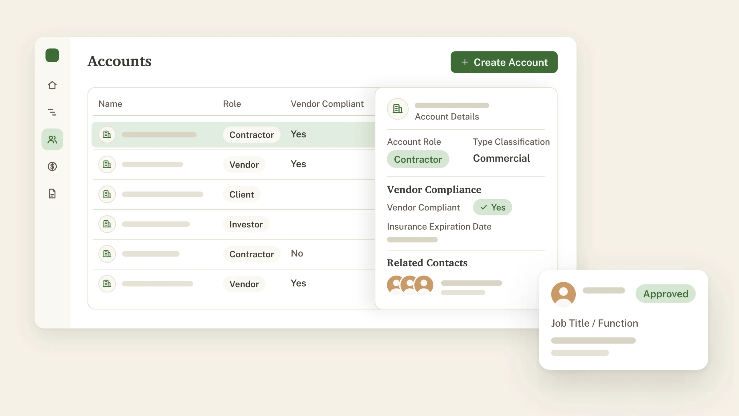 TerraTech 360 Accounts dashboard, showing a vendor account list, an account detail panel with vendor compliance and insurance expiration, and a related contact card